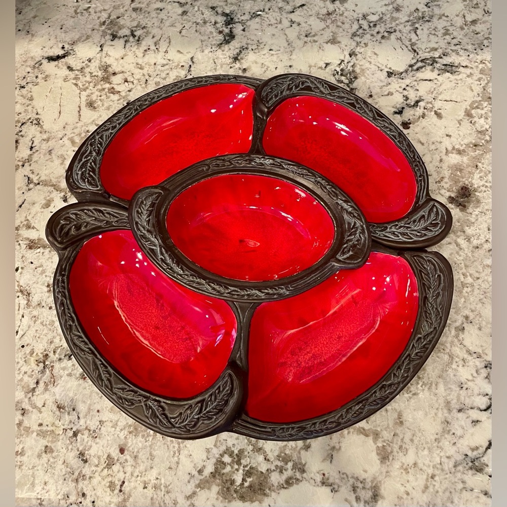 Vintage MCM Cal-Style Red and Black Divided Serving Dish